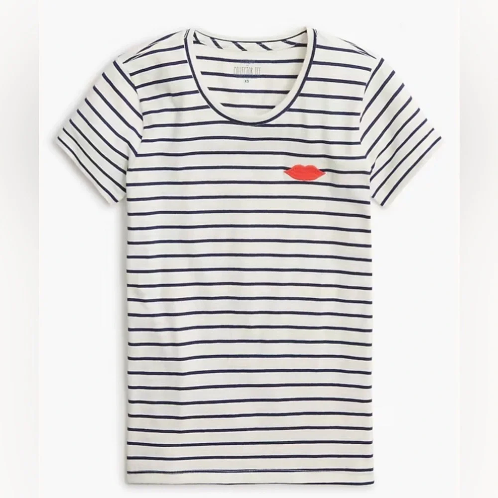 NWT J. Crew Women’s Lips Stripe Graphic Collector Tee Navy White Short Sleeve XS